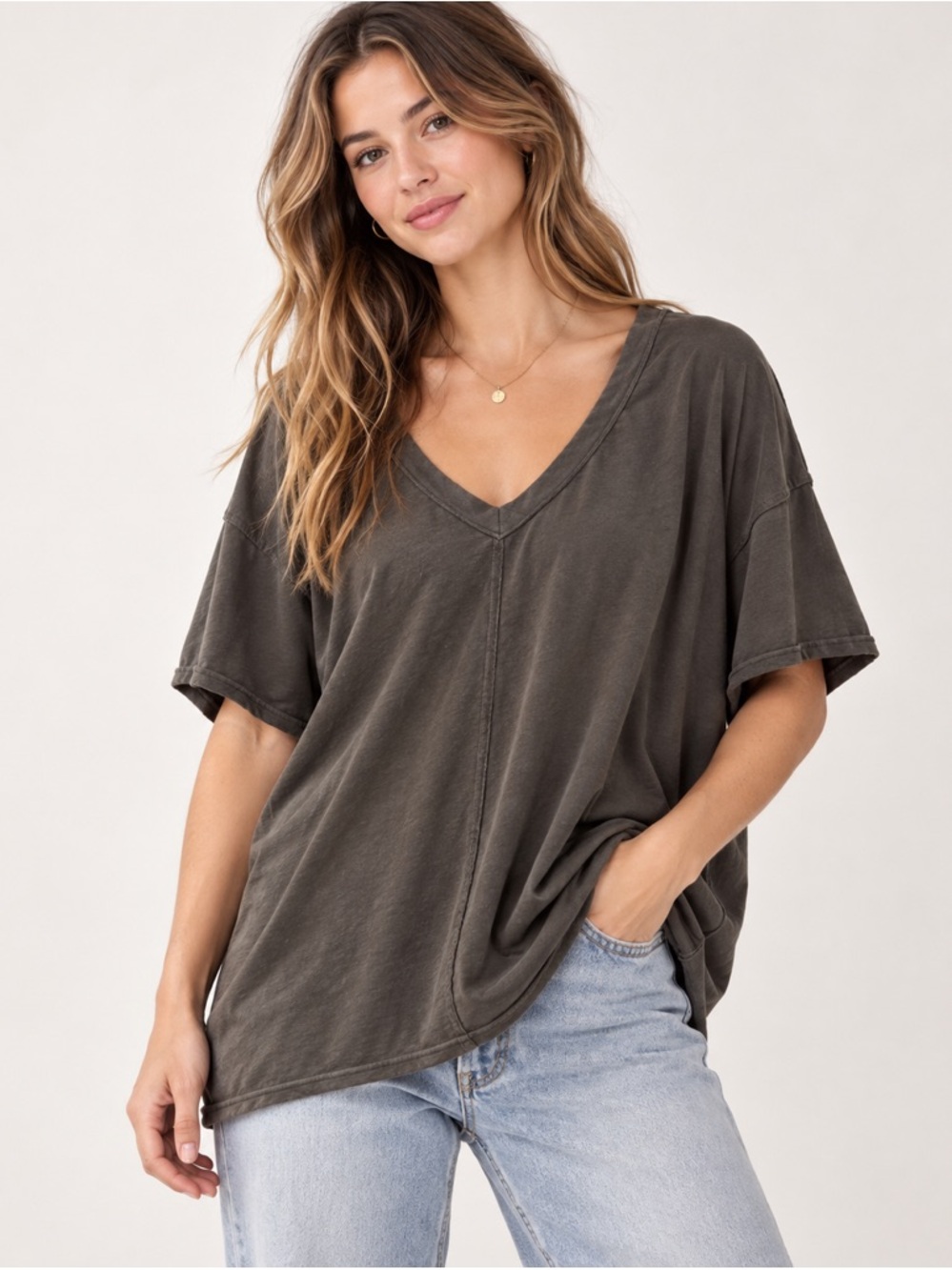 Free People Oversized V-Neck Tee Dark Olive Green Relaxed Fit Medium